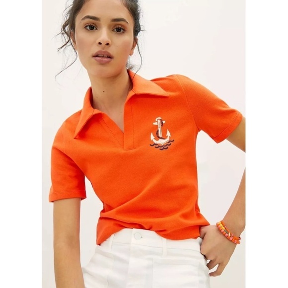 Anthropologie Tops - NWT Anthropologie Maeve Newport Polo Top Shirt Short Sleeve Red Orange New